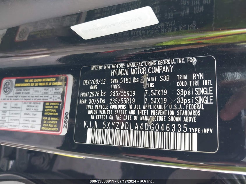 2013 Hyundai Santa Fe Sport 2.0T VIN: 5XYZWDLA4DG046335 Lot: 39880911