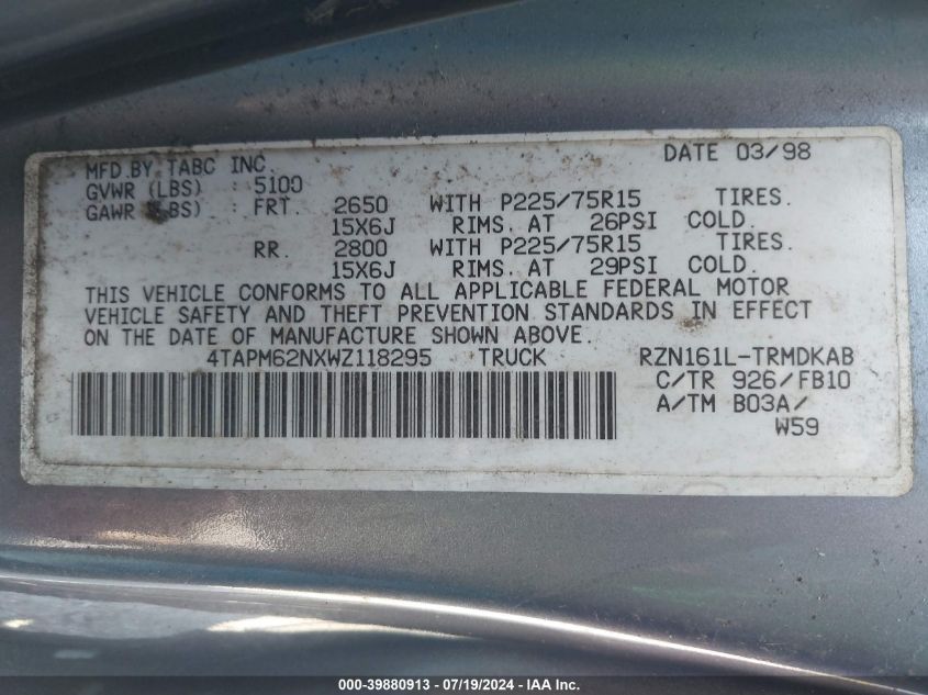 1998 Toyota Tacoma VIN: 4TAPM62NXWZ118295 Lot: 39880913
