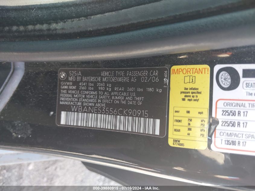 2006 BMW 525I VIN: WBANE53556CK90915 Lot: 39880915