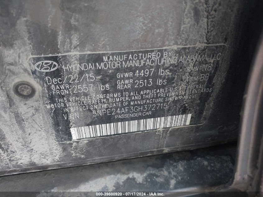 2016 Hyundai Sonata Se VIN: 5NPE24AF3GH372715 Lot: 39880920