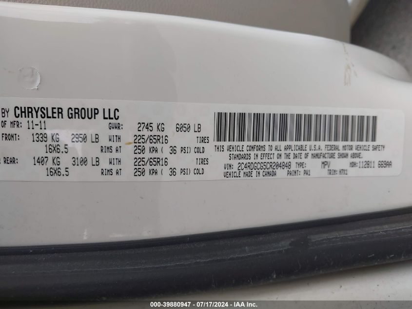 2012 Dodge Grand Caravan Sxt VIN: 2C4RDGCG5CR204848 Lot: 39880947