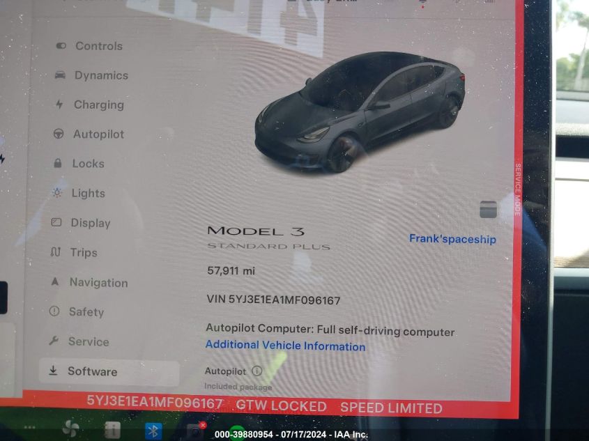 2021 Tesla Model 3 Standard Range Plus Rear-Wheel Drive VIN: 5YJ3E1EA1MF096167 Lot: 39880954