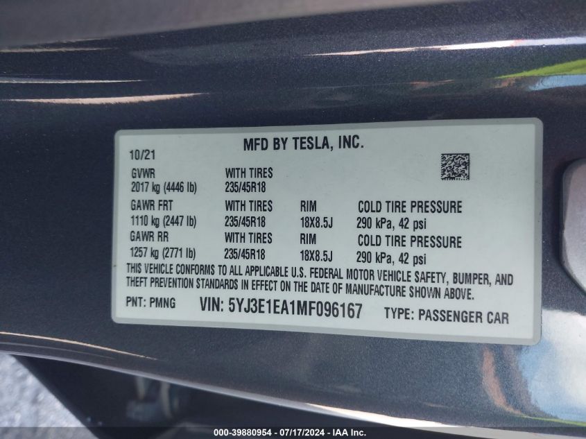 2021 Tesla Model 3 Standard Range Plus Rear-Wheel Drive VIN: 5YJ3E1EA1MF096167 Lot: 39880954