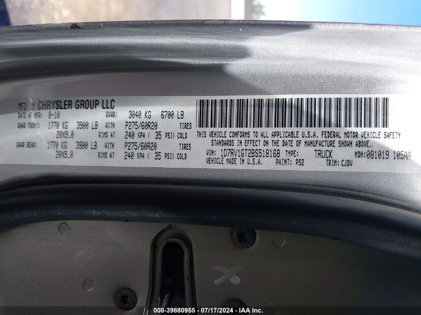 2011 Ram Ram 1500 Sport VIN: 1D7RV1GT2BS518168 Lot: 39880955