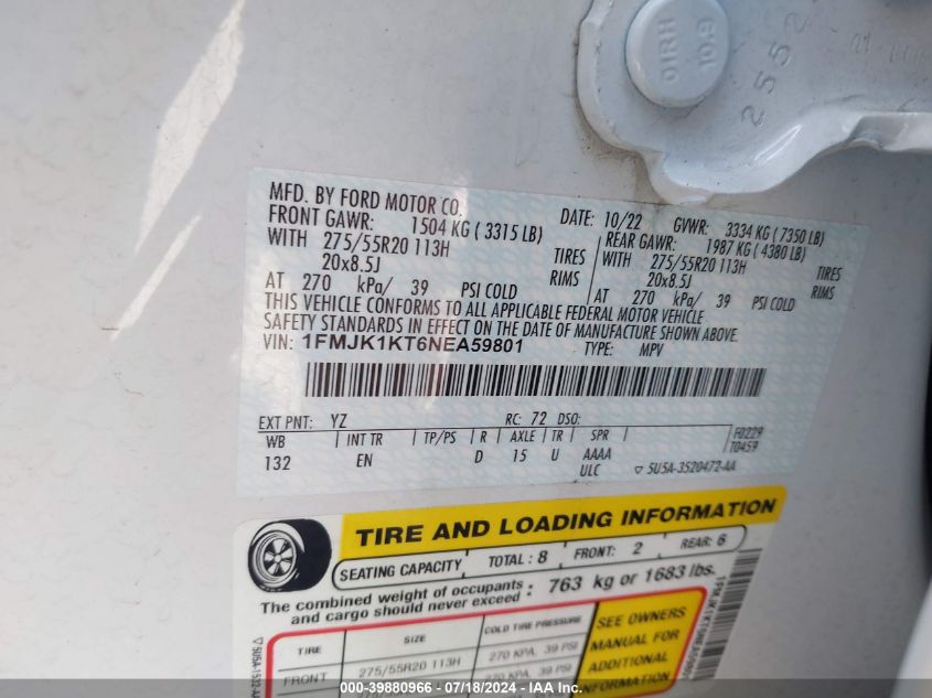 2022 Ford Expedition Limited Max VIN: 1FMJK1KT6NEA59801 Lot: 39880966
