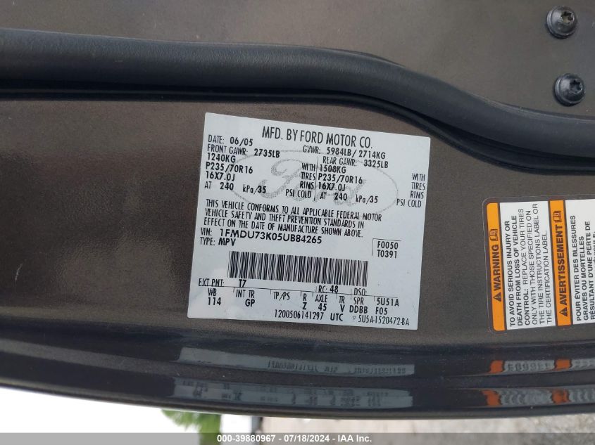 2005 Ford Explorer Xlt/Xlt Sport/Nbx VIN: 1FMDU73K05UB84265 Lot: 39880967
