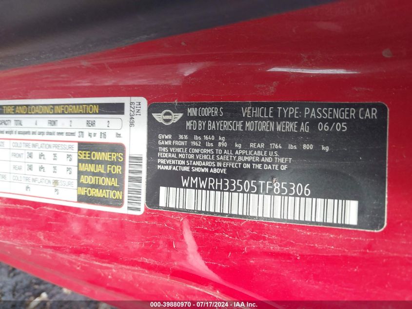 2005 Mini Cooper S VIN: WMWRH33505TF85306 Lot: 39880970