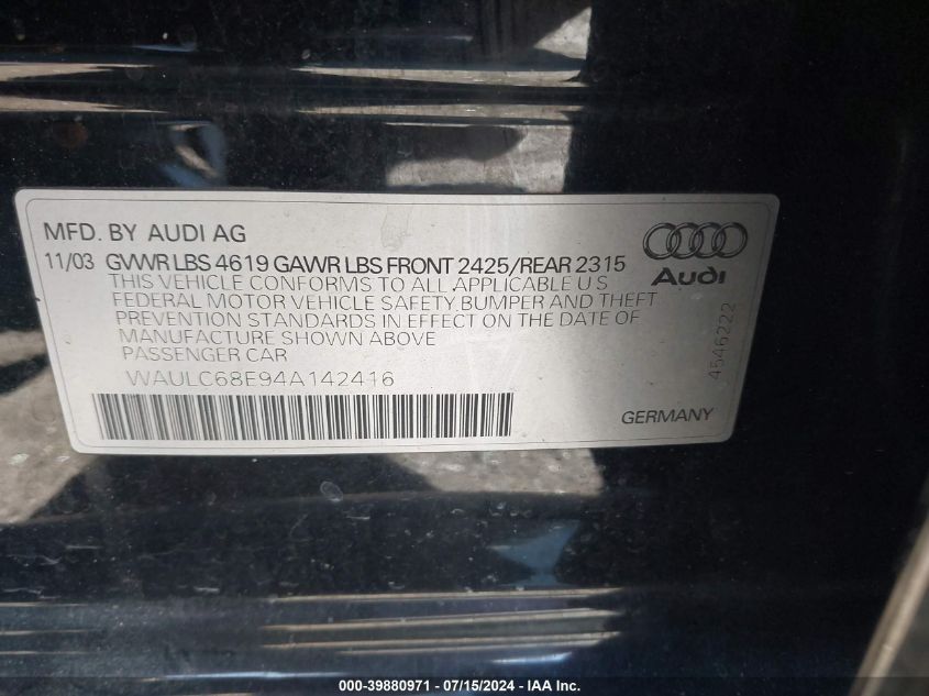 2004 Audi A4 1.8T VIN: WAULC68E94A142416 Lot: 39880971