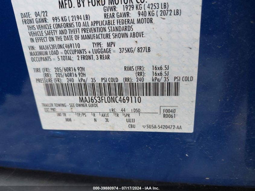 2022 Ford Ecosport S VIN: MAJ6S3FL0NC469110 Lot: 39880974