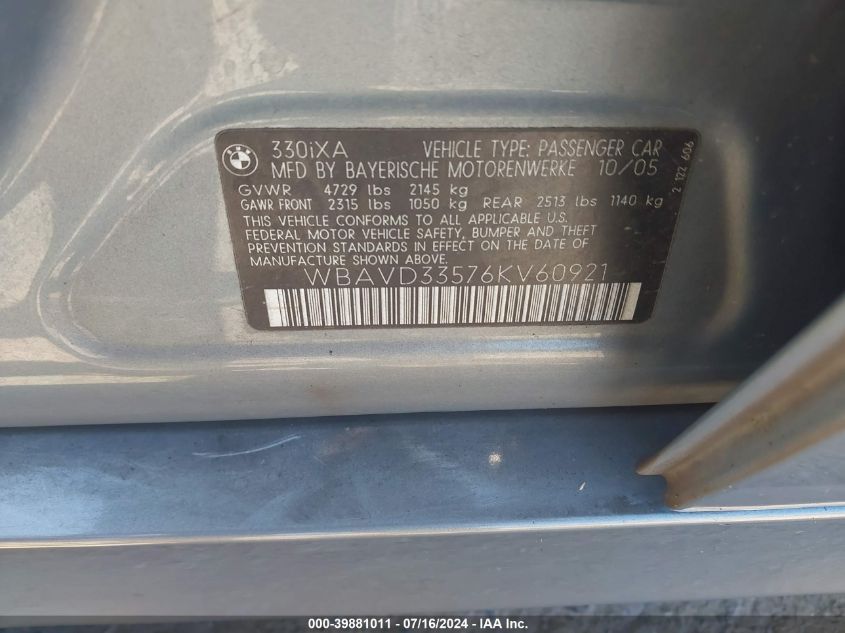 2006 BMW 330Xi VIN: WBAVD33576KV60921 Lot: 39881011