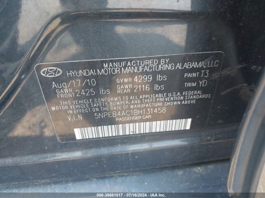 2011 Hyundai Sonata Gls VIN: 5NPEB4AC1BH131458 Lot: 39881017