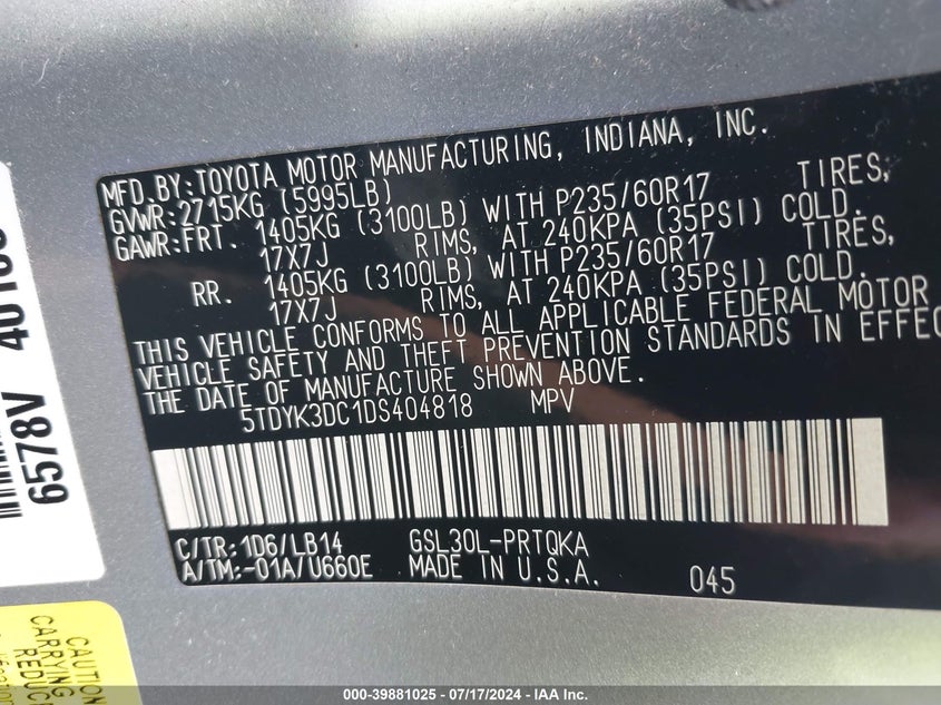 2013 Toyota Sienna Xle V6 8 Passenger VIN: 5TDYK3DC1DS404818 Lot: 39881025