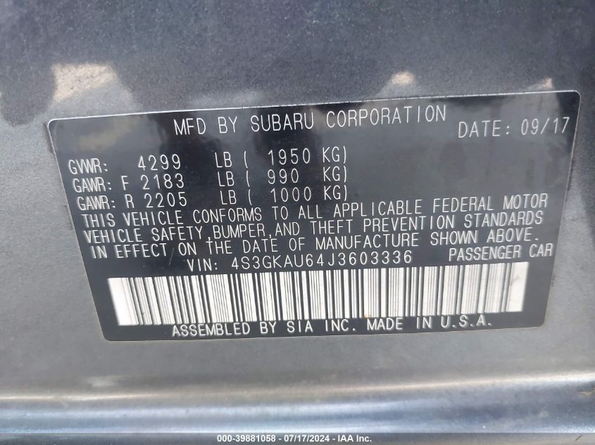 2018 Subaru Impreza 2.0I Limited VIN: 4S3GKAU64J3603336 Lot: 39881058