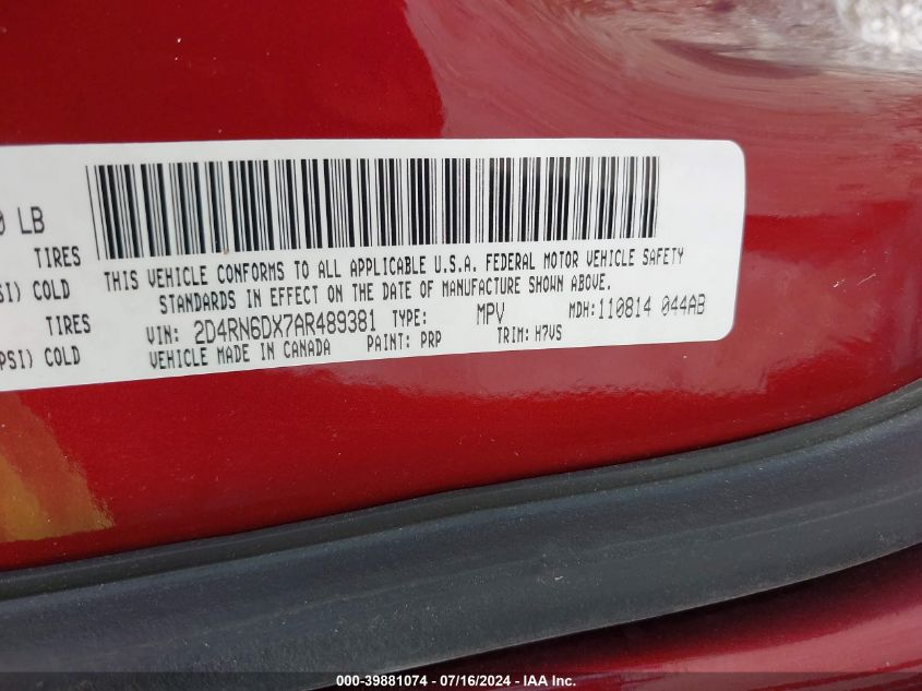 2010 Dodge Grand Caravan Crew VIN: 2D4RN6DX7AR489381 Lot: 39881074