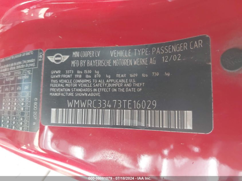 2003 Mini Cooper VIN: WMWRC33473TE16029 Lot: 39881079