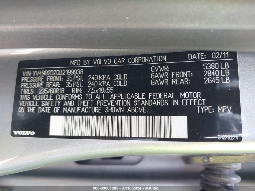 2011 Volvo Xc60 T6/T6 R-Design VIN: YV4902DZ0B2199938 Lot: 39881085