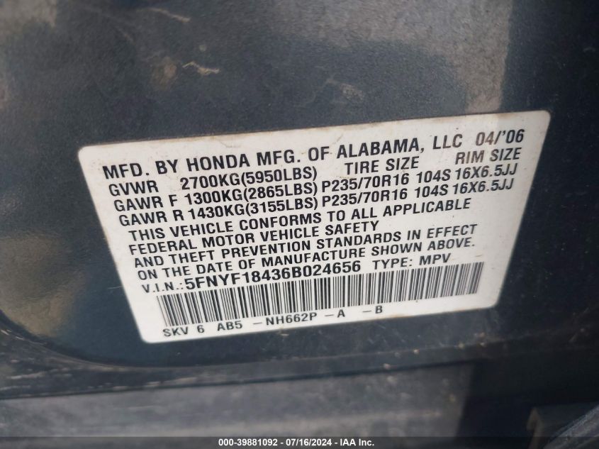 2006 Honda Pilot Ex VIN: 5FNYF18436B024656 Lot: 39881092