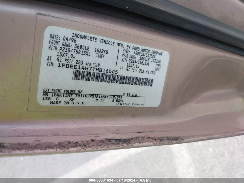 1996 Ford Econoline E150 Van VIN: 1FDEE14H7THB16505 Lot: 39881094