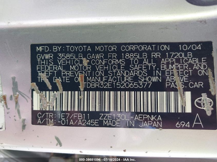 2005 Toyota Corolla Ce/Le VIN: JTDBR32E152065377 Lot: 39881096