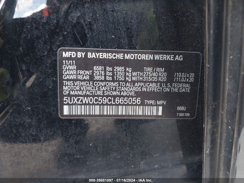 2012 BMW X5 xDrive35D VIN: 5UXZW0C59CL665056 Lot: 39881097