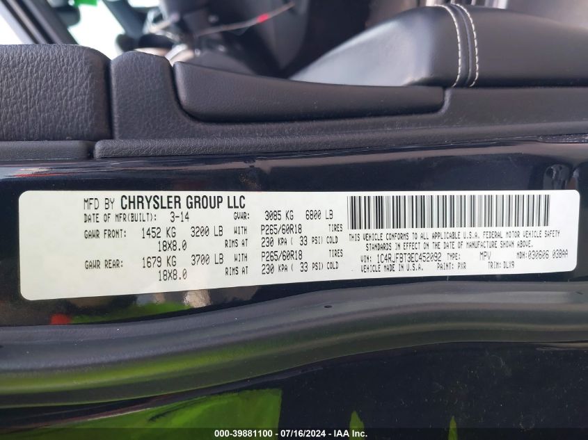 2014 Jeep Grand Cherokee Limited VIN: 1C4RJFBT3EC452092 Lot: 39881100