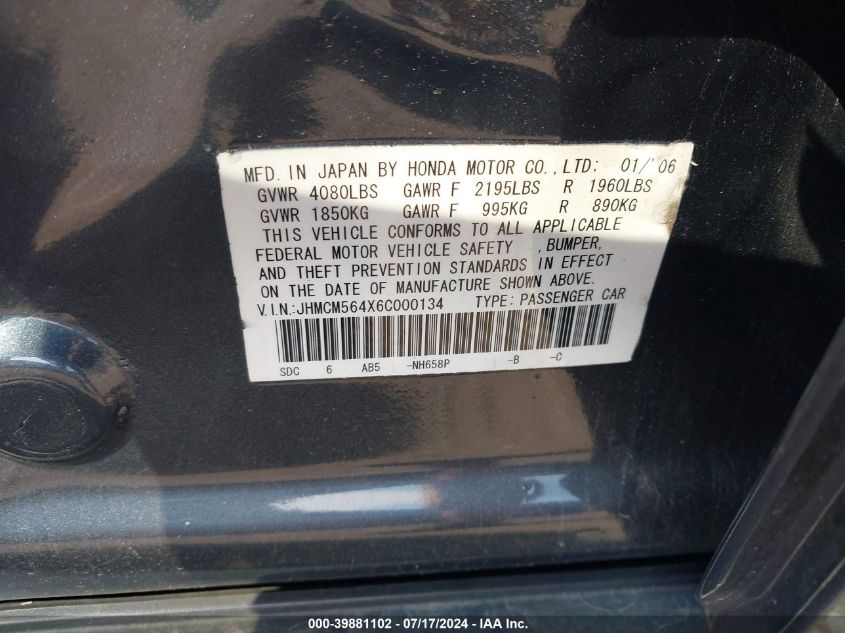 2006 Honda Accord 2.4 Lx VIN: JHMCM564X6C000134 Lot: 39881102
