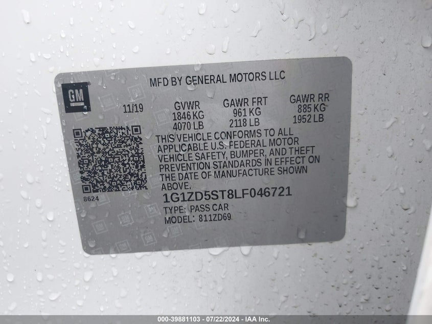 2020 Chevrolet Malibu Fwd Lt VIN: 1G1ZD5ST8LF046721 Lot: 39881103