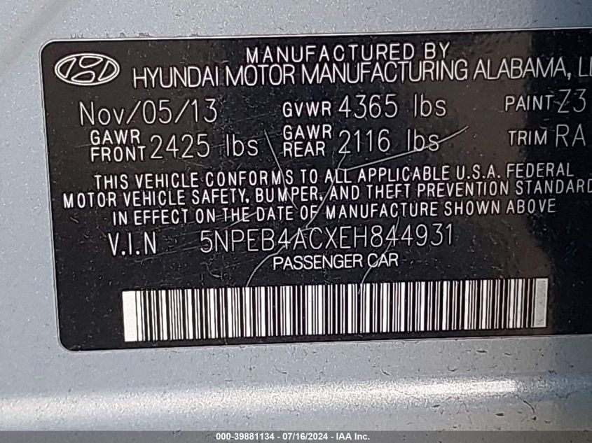 5NPEB4ACXEH844931 | 2014 HYUNDAI SONATA