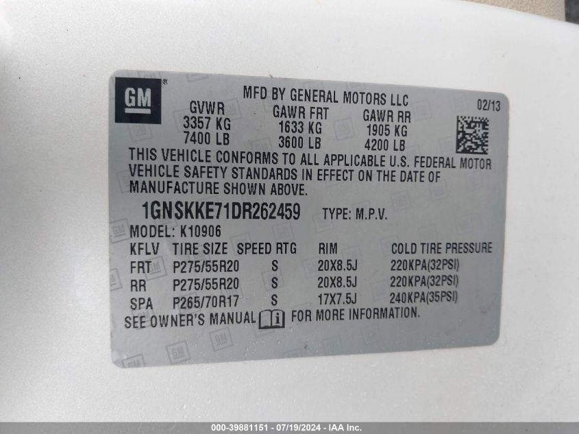 2013 Chevrolet Suburban 1500 Ltz VIN: 1GNSKKE71DR262459 Lot: 39881151