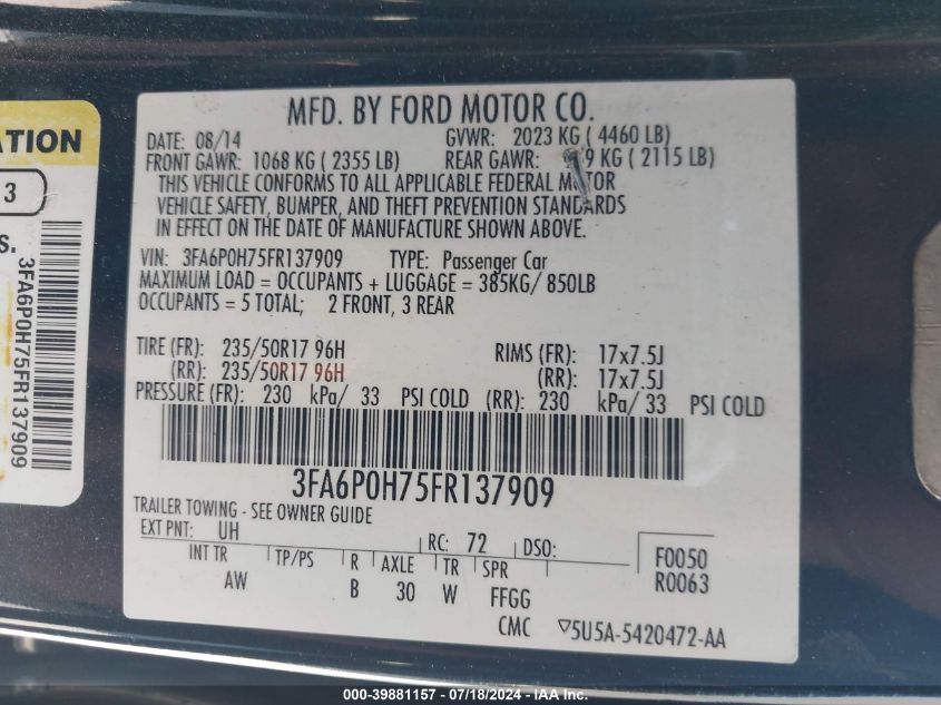 2015 Ford Fusion Se VIN: 3FA6P0H75FR137909 Lot: 39881157