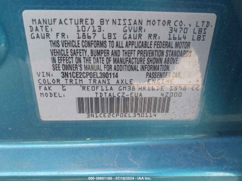 2014 Nissan Versa Note S/S Plus/Sv/Sl VIN: 3N1CE2CP0EL390114 Lot: 39881160