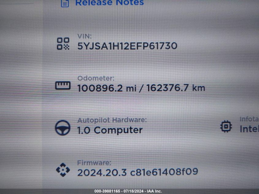 2014 Tesla Model S P85 VIN: 5YJSA1H12EFP61730 Lot: 39881165