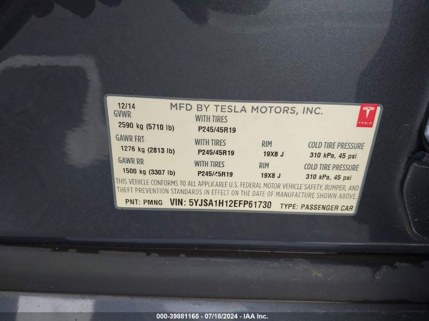 2014 Tesla Model S P85 VIN: 5YJSA1H12EFP61730 Lot: 39881165