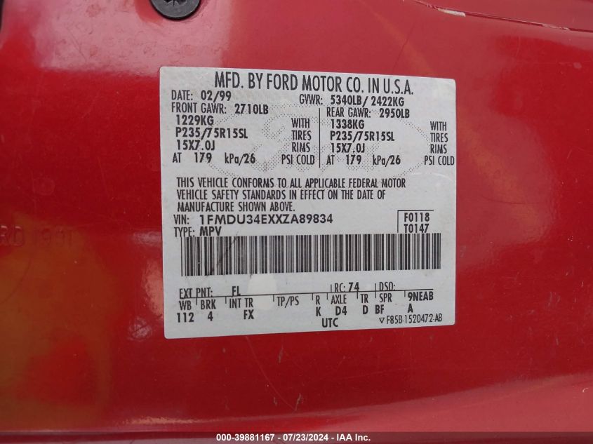 1999 Ford Explorer Eddie Bauer/Limited/Xlt VIN: 1FMDU34EXXZA89834 Lot: 39881167