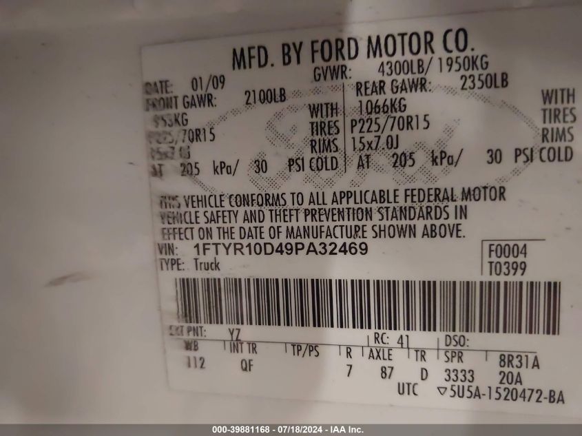 2009 Ford Ranger Sport/Xl/Xlt VIN: 1FTYR10D49PA32469 Lot: 39881168