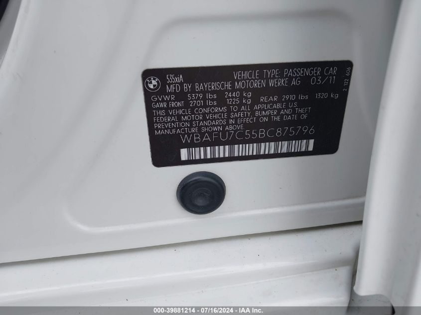 2011 BMW 535I xDrive VIN: WBAFU7C55BC875796 Lot: 39881214