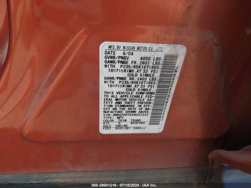 2005 Nissan Murano Sl VIN: JN8AZ08T85W302332 Lot: 39881216