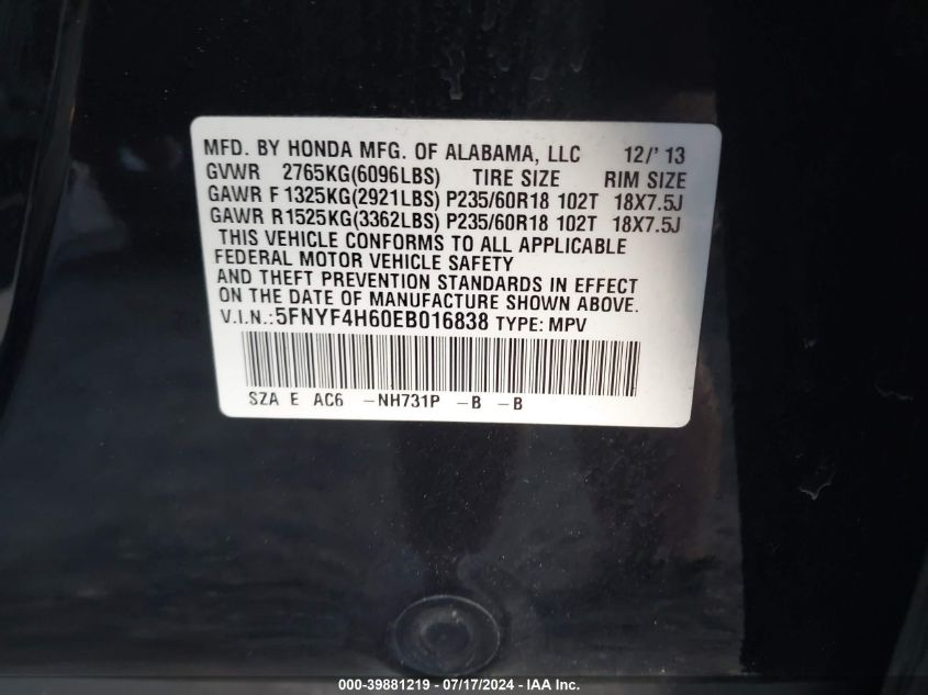 2014 Honda Pilot Exl VIN: 5FNYF4H60EB016838 Lot: 39881219