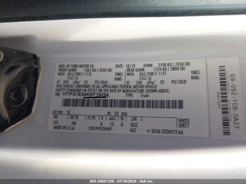 2019 Ford F-150 Xl VIN: 1FTFX1E54KKF16224 Lot: 39881228