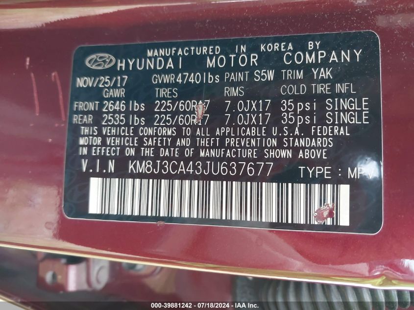 2018 Hyundai Tucson Sel VIN: KM8J3CA43JU637677 Lot: 39881242