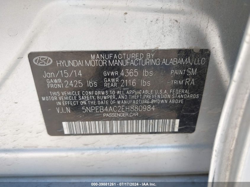 5NPEB4AC2EH880984 2014 Hyundai Sonata Gls