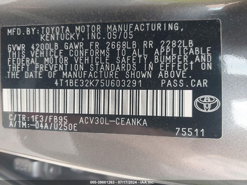 2005 Toyota Camry Le VIN: 4T1BE32K75U603291 Lot: 39881263