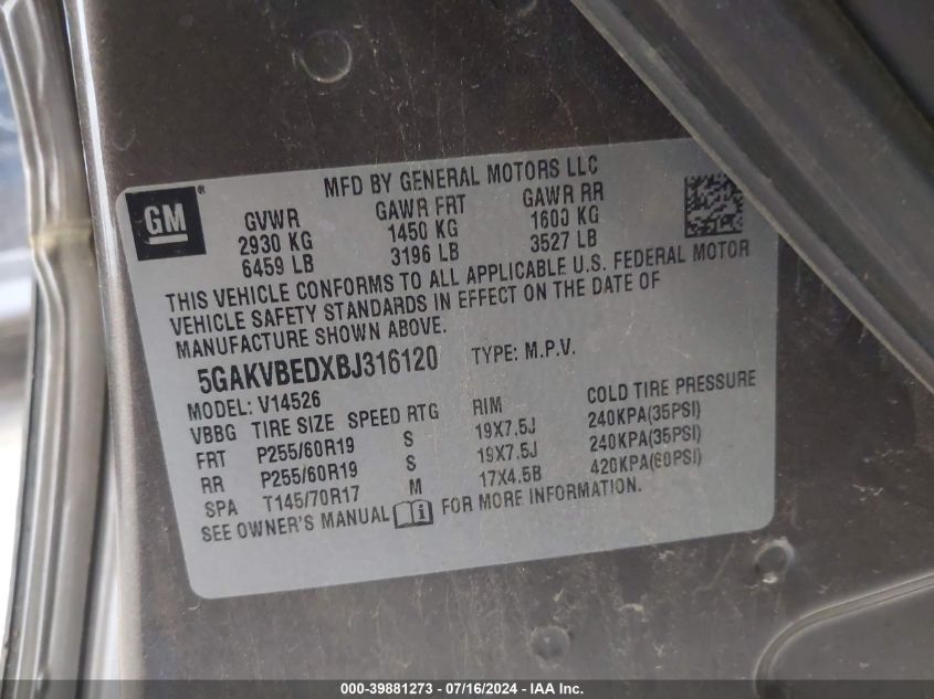 2011 Buick Enclave 1Xl VIN: 5GAKVBEDXBJ316120 Lot: 39881273