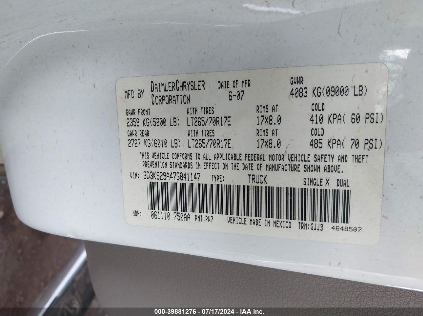 2007 Dodge Ram 2500 Laramie VIN: 3D3KS29A47G841147 Lot: 39881276