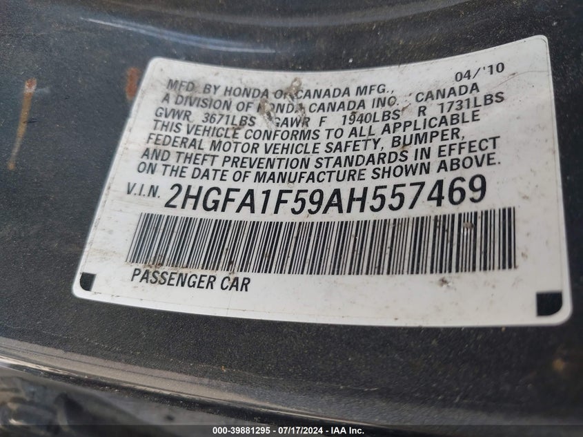 2010 Honda Civic Lx VIN: 2HGFA1F59AH557469 Lot: 39881295