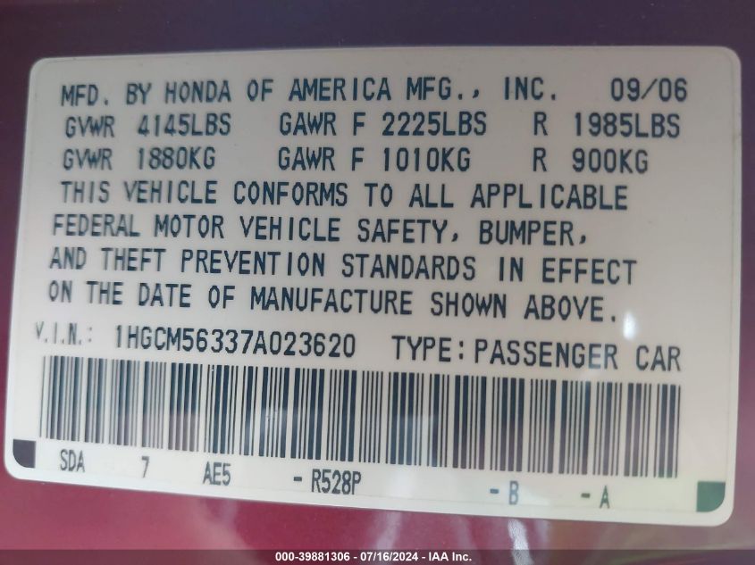 2007 Honda Accord 2.4 Se VIN: 1HGCM56337A023620 Lot: 39881306