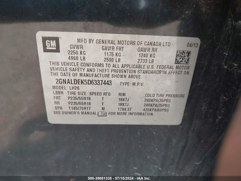 2013 Chevrolet Equinox 1Lt VIN: 2GNALDEK5D6337443 Lot: 39881335