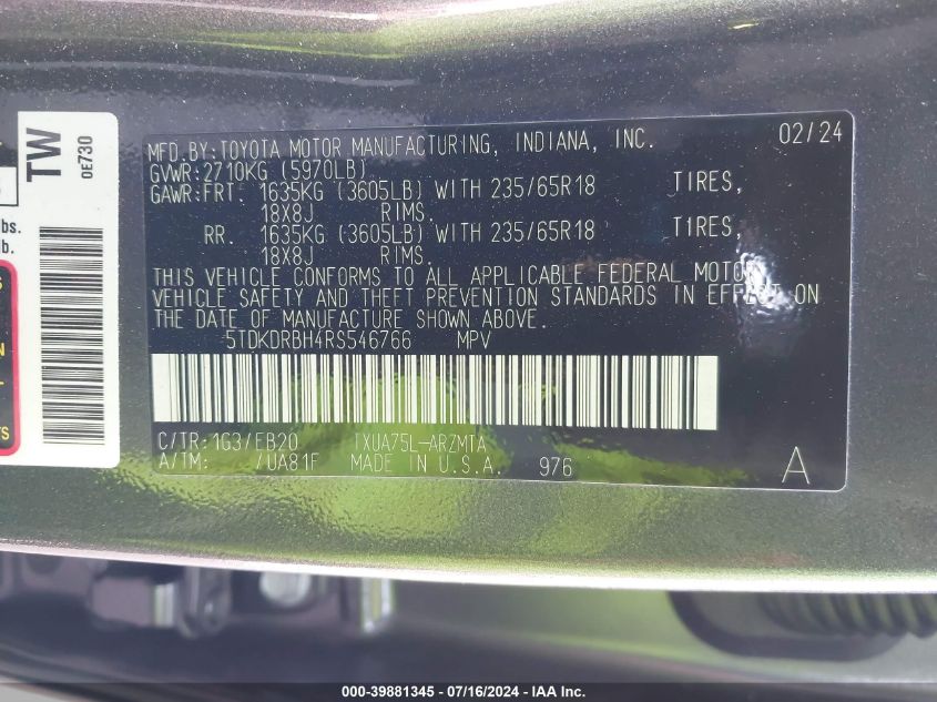 2024 Toyota Highlander Le/Xle/Xse/Limited/Platin VIN: 5TDKDRBH4RS54676 Lot: 39881345