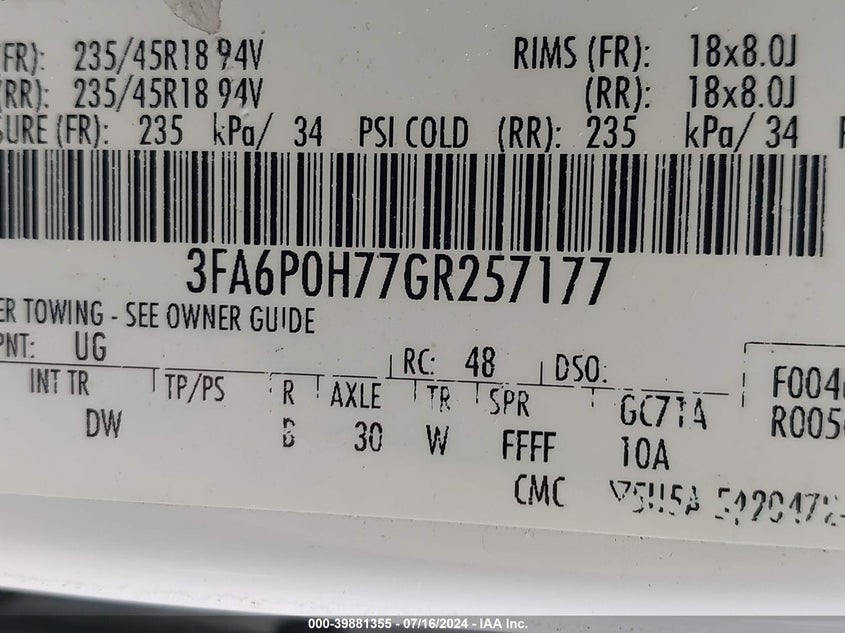 3FA6P0H77GR257177 2016 Ford Fusion Se