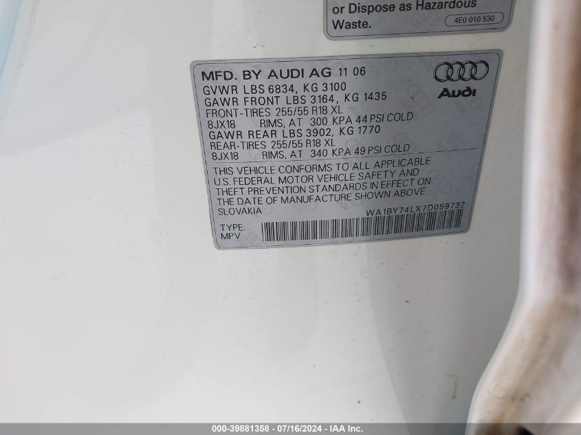 2007 Audi Q7 3.6 Premium VIN: WA1BY74LX7D059732 Lot: 39881358